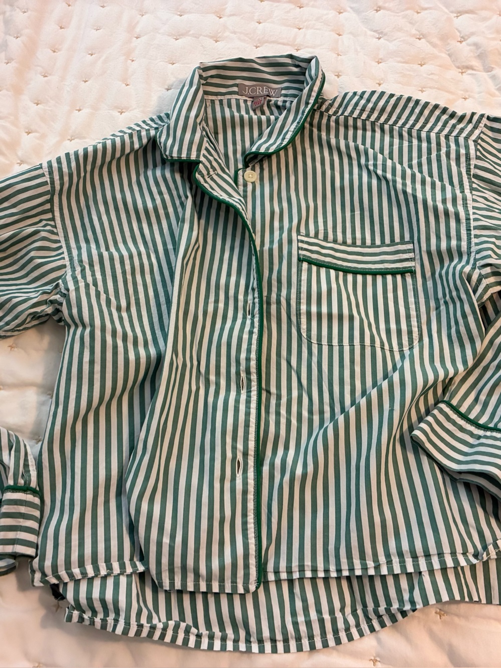 J. Crew Green and White Striped Button-Up Pajama Shirt